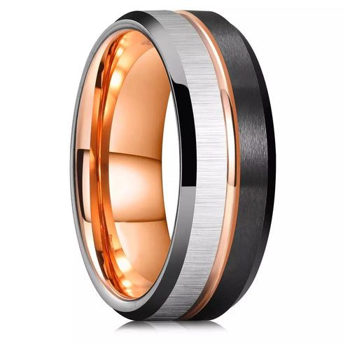 Men 8mm Tungsten Black Silver WRose Gold Grooved Line Comfort-Fit Wedding Band